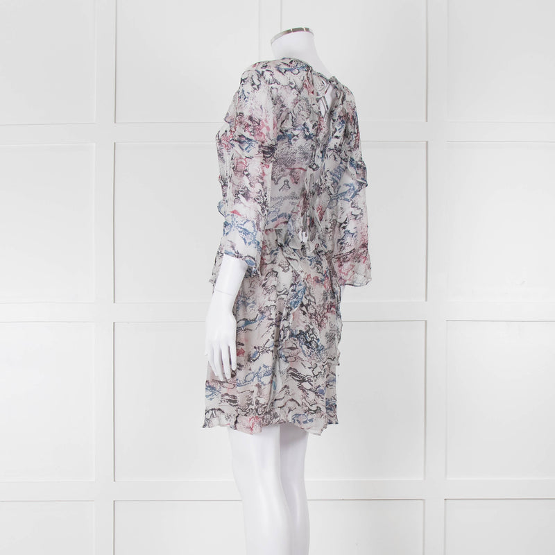 IRO Grey Sheer Mini Dress with Blue and Pink Print and Lace up Back