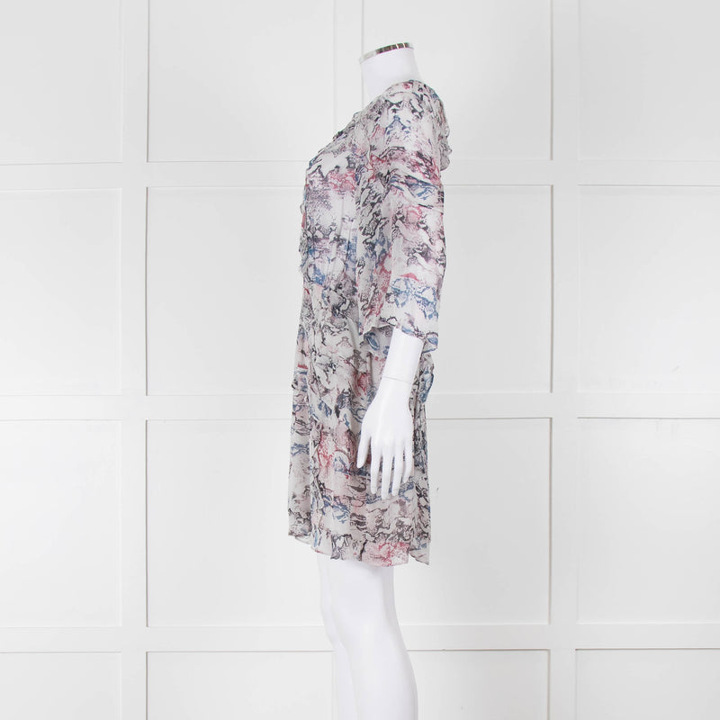 IRO Grey Sheer Mini Dress with Blue and Pink Print and Lace up Back