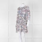 IRO Grey Sheer Mini Dress with Blue and Pink Print and Lace up Back