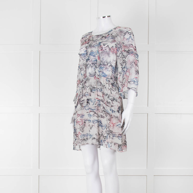 IRO Grey Sheer Mini Dress with Blue and Pink Print and Lace up Back