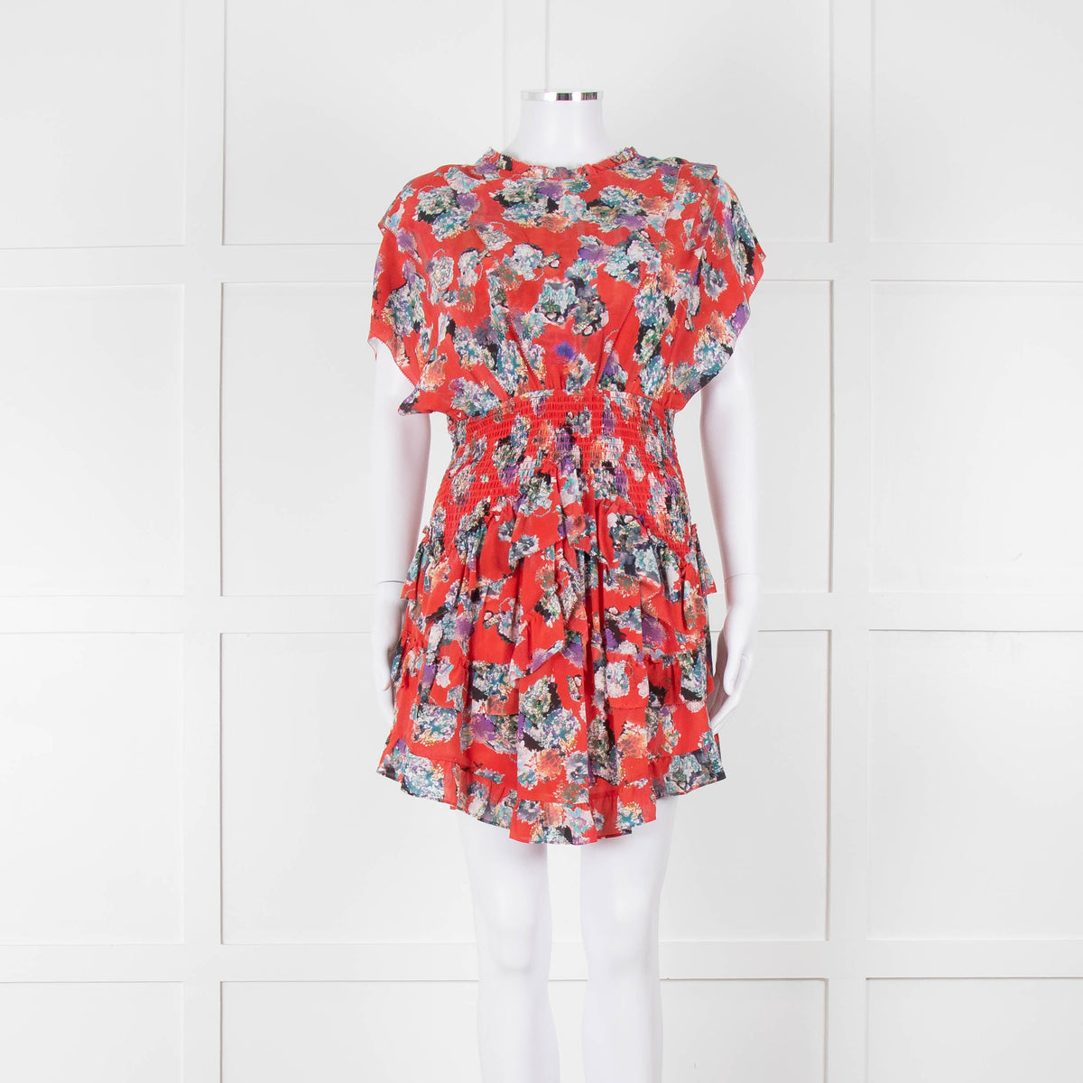 IRO Red Silk Short Sleeve Mini Dress with Smocked Waist