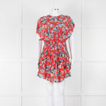 IRO Red Silk Short Sleeve Mini Dress with Smocked Waist