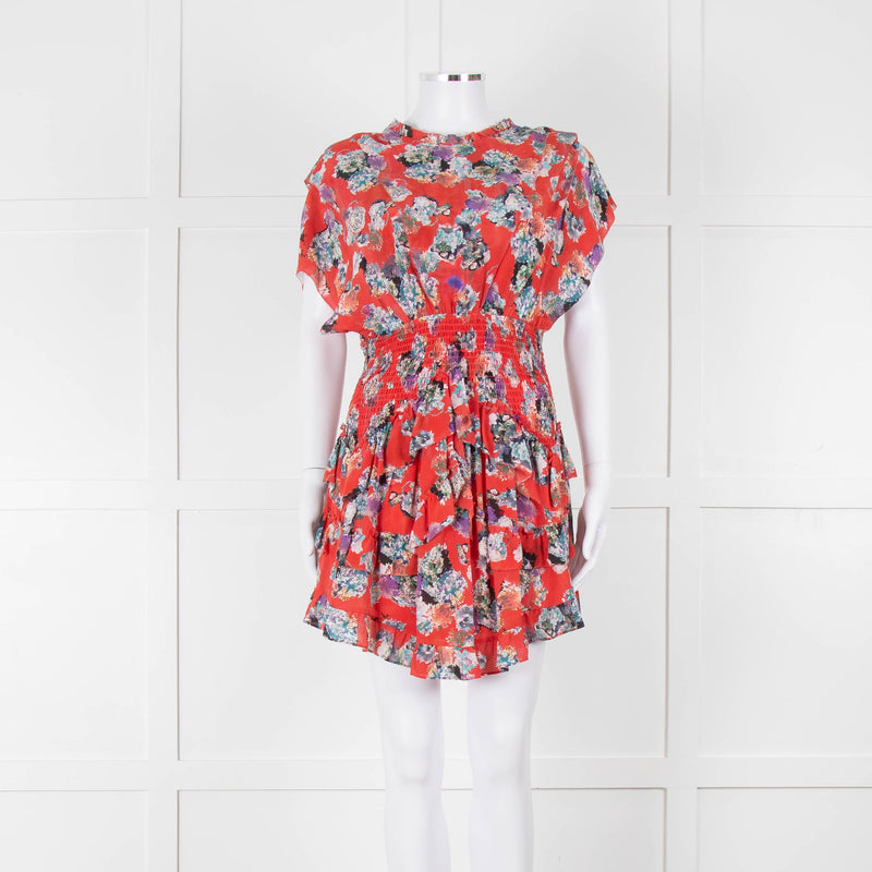 IRO Red Silk Short Sleeve Mini Dress with Smocked Waist