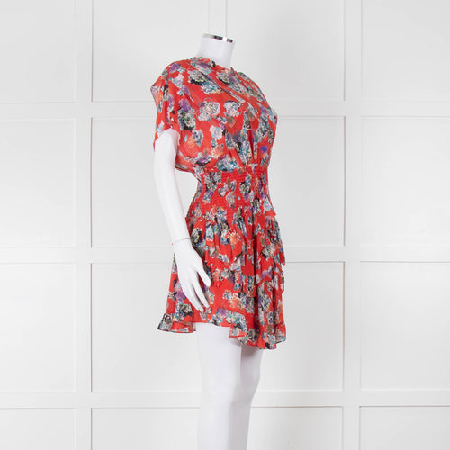 IRO Red Silk Short Sleeve Mini Dress with Smocked Waist