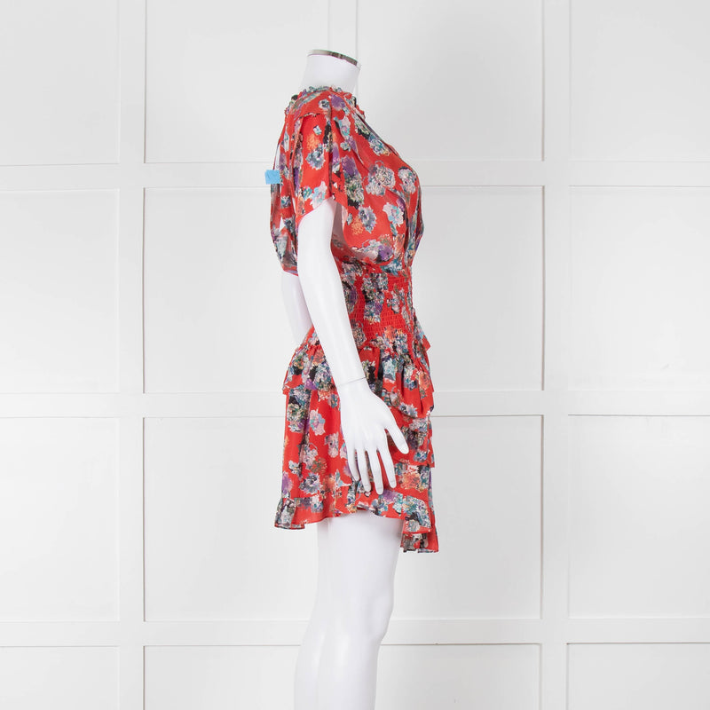 IRO Red Silk Short Sleeve Mini Dress with Smocked Waist