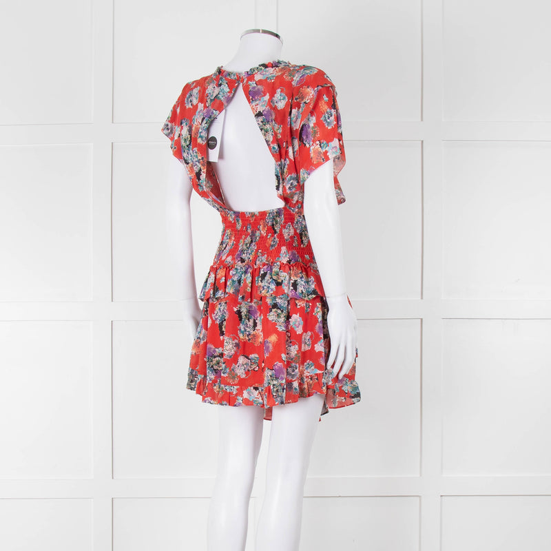 IRO Red Silk Short Sleeve Mini Dress with Smocked Waist