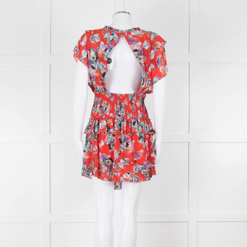 IRO Red Silk Short Sleeve Mini Dress with Smocked Waist