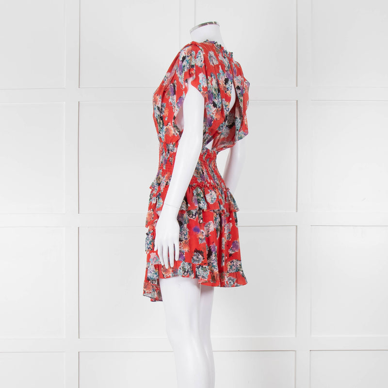 IRO Red Silk Short Sleeve Mini Dress with Smocked Waist