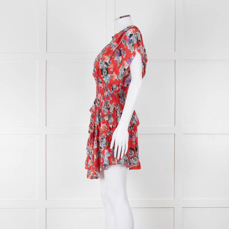 IRO Red Silk Short Sleeve Mini Dress with Smocked Waist