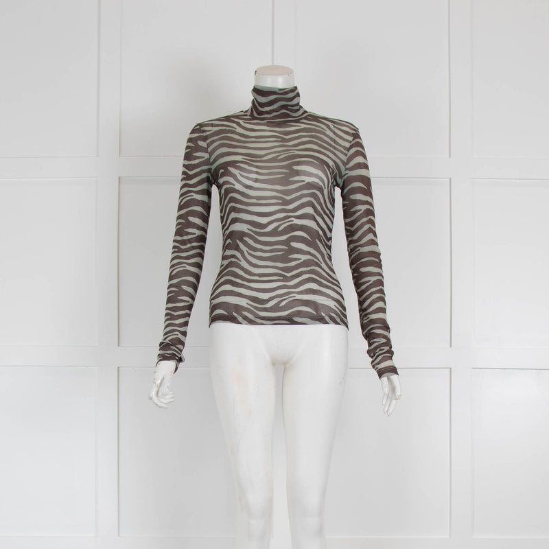 Staud Brown and Grey Print Mesh Long Sleeve Top