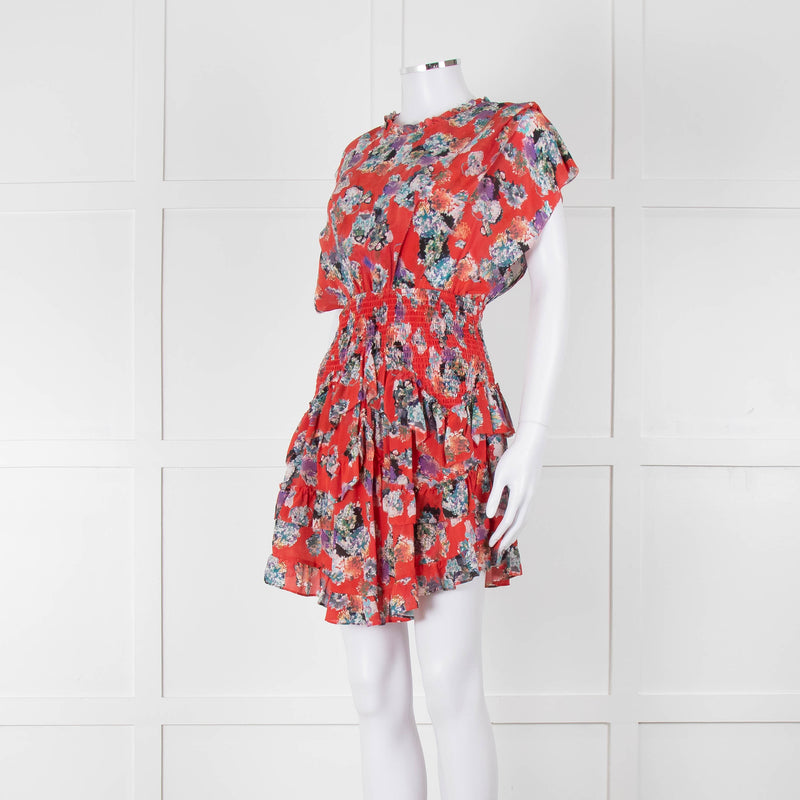 IRO Red Silk Short Sleeve Mini Dress with Smocked Waist