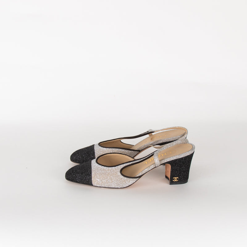 Chanel Woven Metallic Slingback with Block Heel
