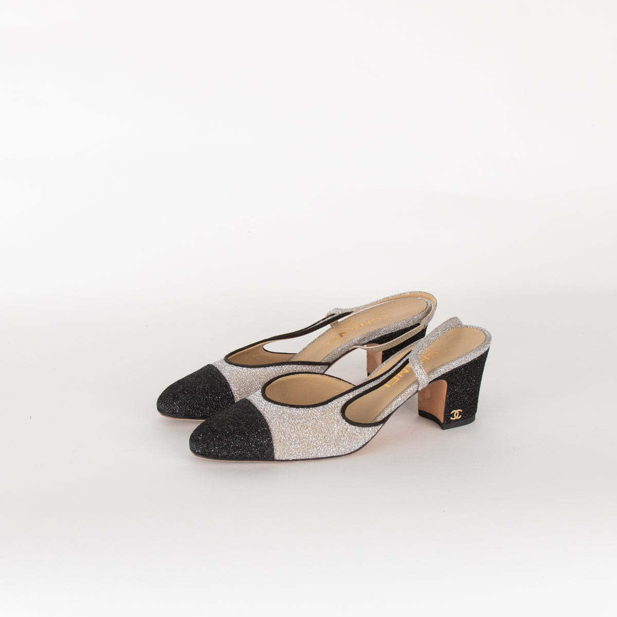 Chanel Woven Metallic Slingback with Block Heel