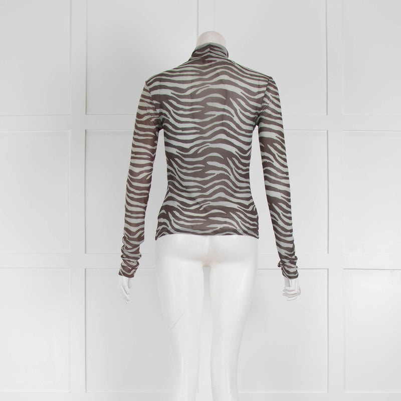 Staud Brown and Grey Print Mesh Long Sleeve Top