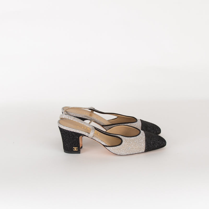 Chanel Woven Metallic Slingback with Block Heel