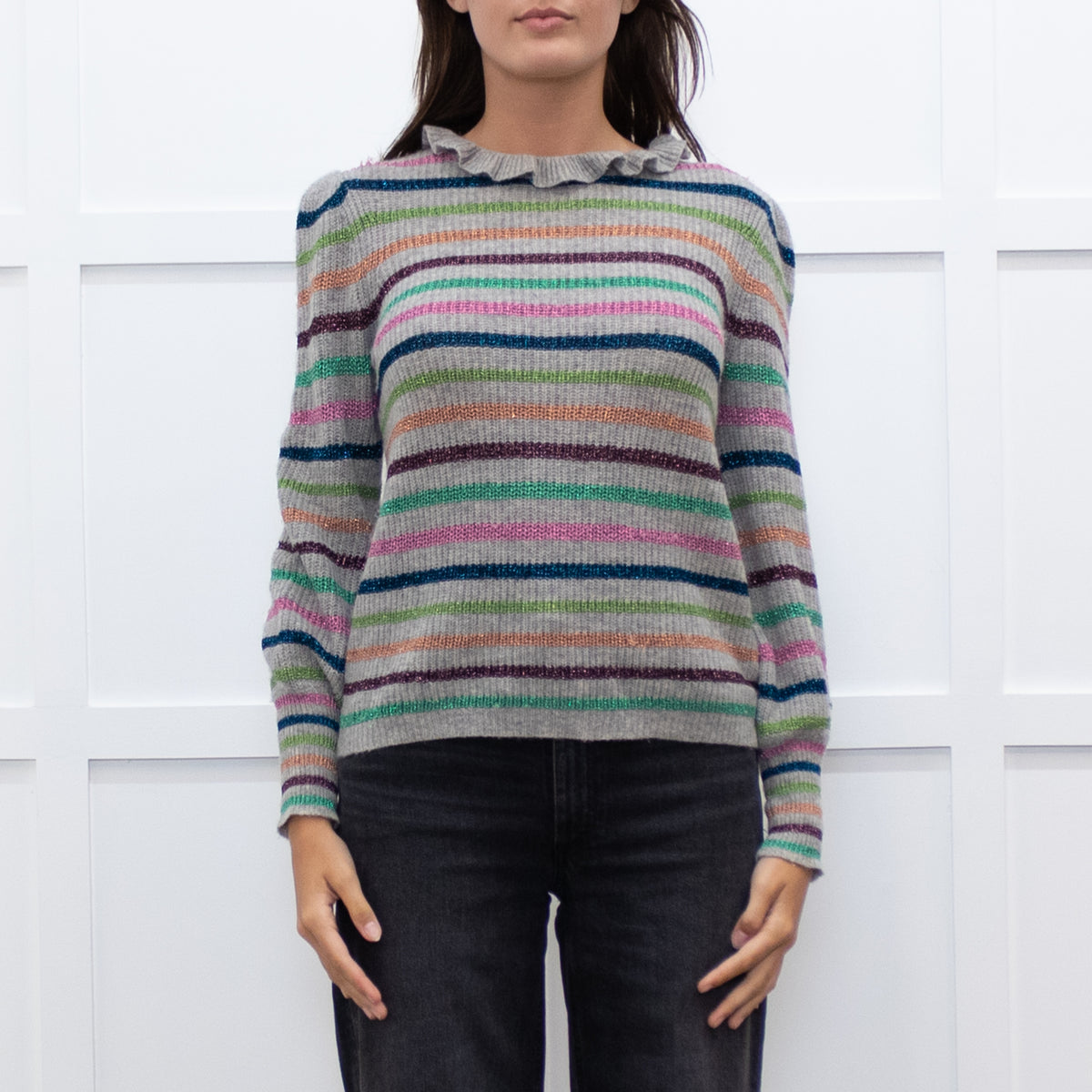 Wyse Grey Multi Lurex Stripe Cashmere Blend  Frill Neck Jumper