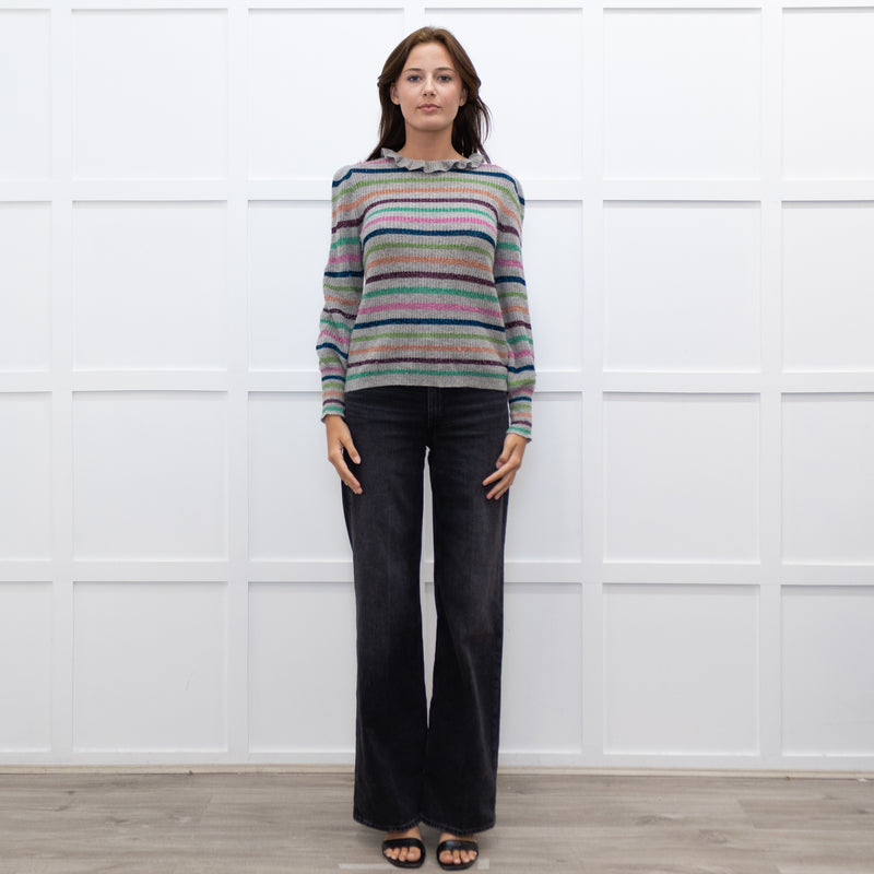 Wyse Grey Multi Lurex Stripe Cashmere Blend  Frill Neck Jumper