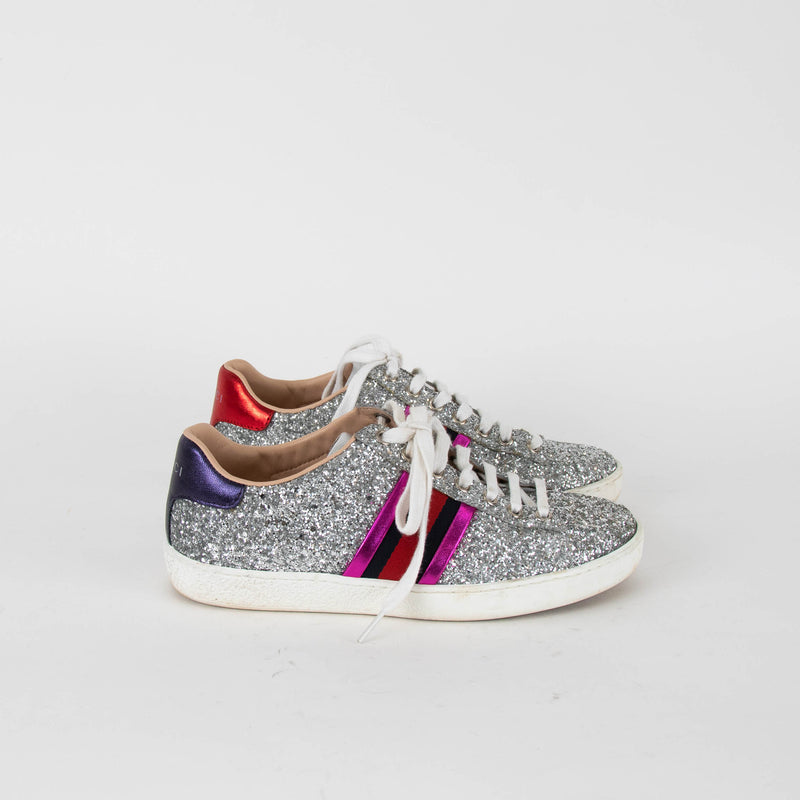 Gucci Silver Glitter Ace Trainers