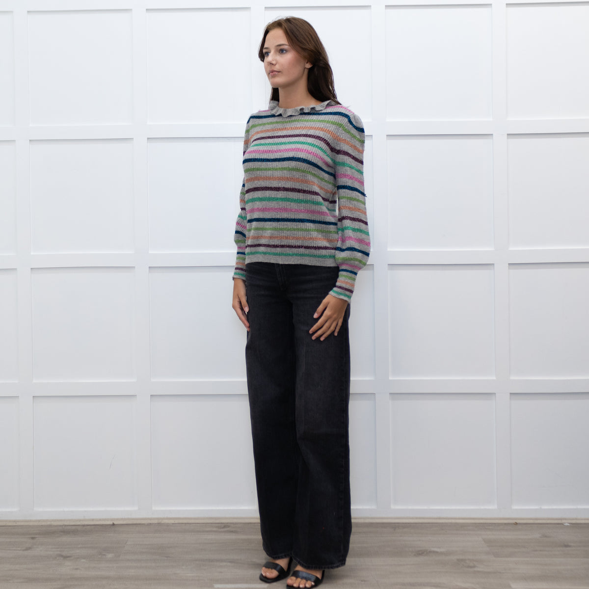 Wyse Grey Multi Lurex Stripe Cashmere Blend  Frill Neck Jumper
