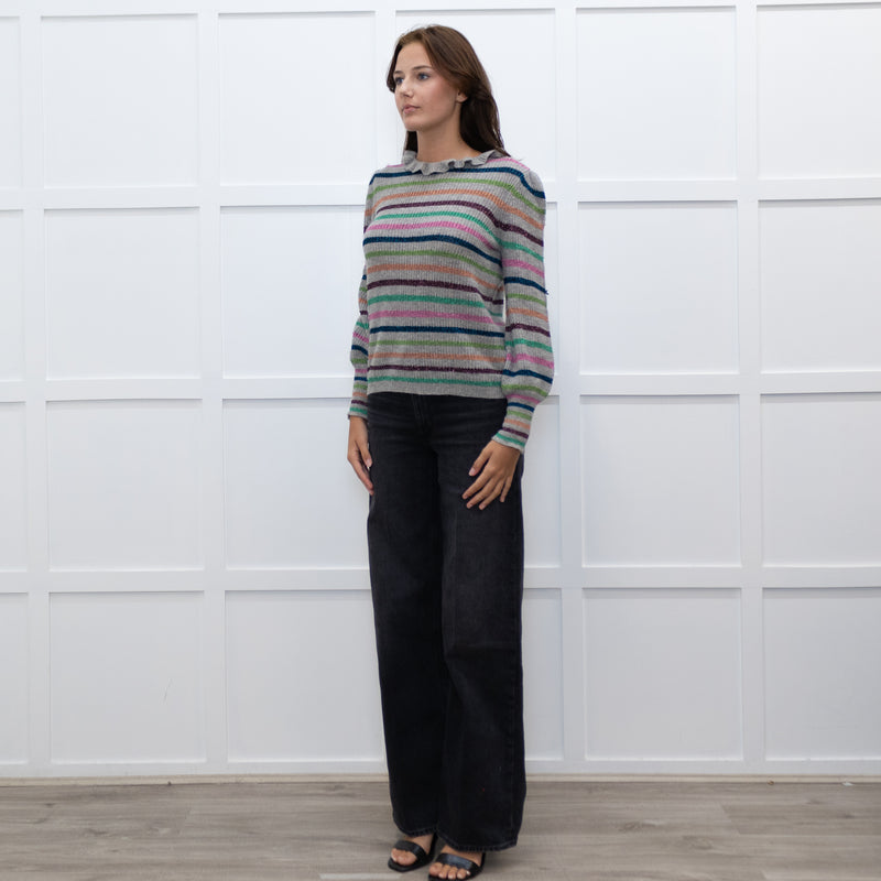 Wyse Grey Multi Lurex Stripe Cashmere Blend  Frill Neck Jumper