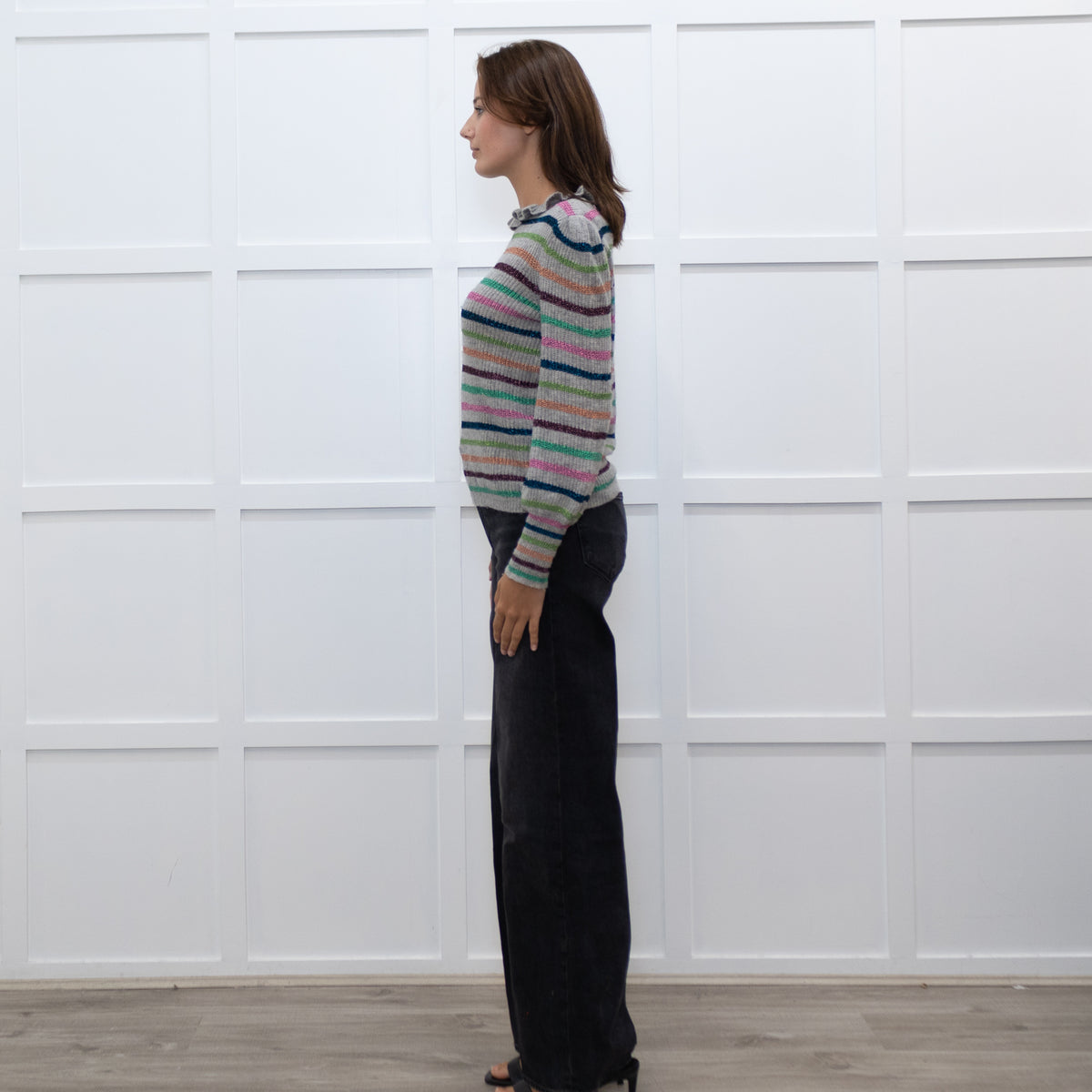 Wyse Grey Multi Lurex Stripe Cashmere Blend  Frill Neck Jumper