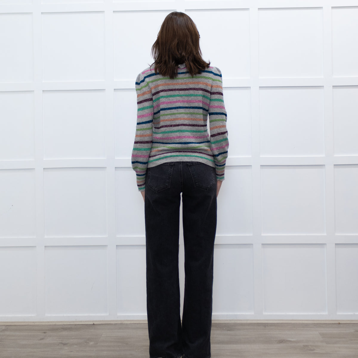 Wyse Grey Multi Lurex Stripe Cashmere Blend  Frill Neck Jumper