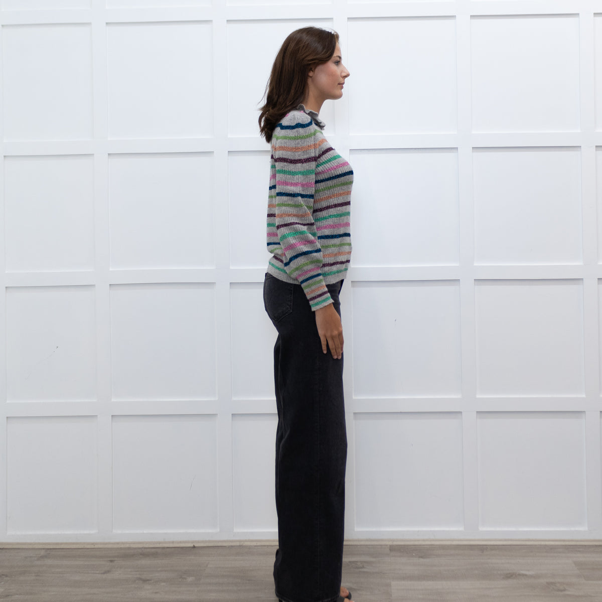 Wyse Grey Multi Lurex Stripe Cashmere Blend  Frill Neck Jumper