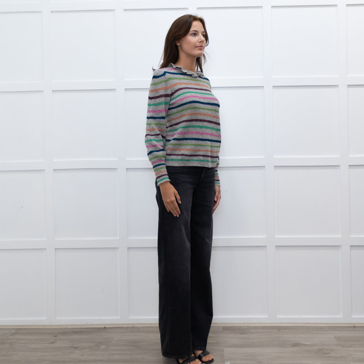 Wyse Grey Multi Lurex Stripe Cashmere Blend  Frill Neck Jumper