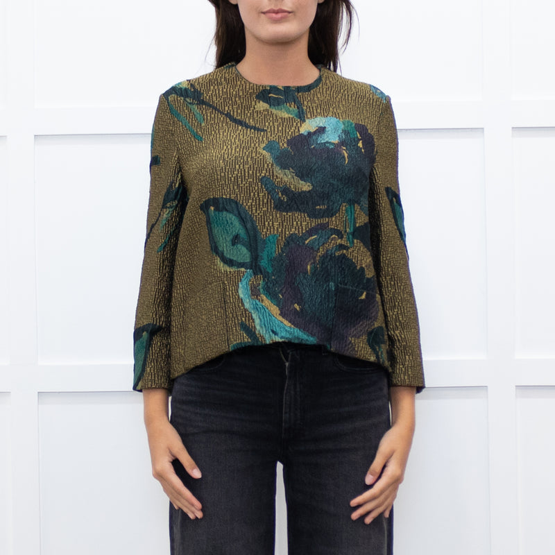 Marni Khaki Blue Floral Textured Front Pocket Top