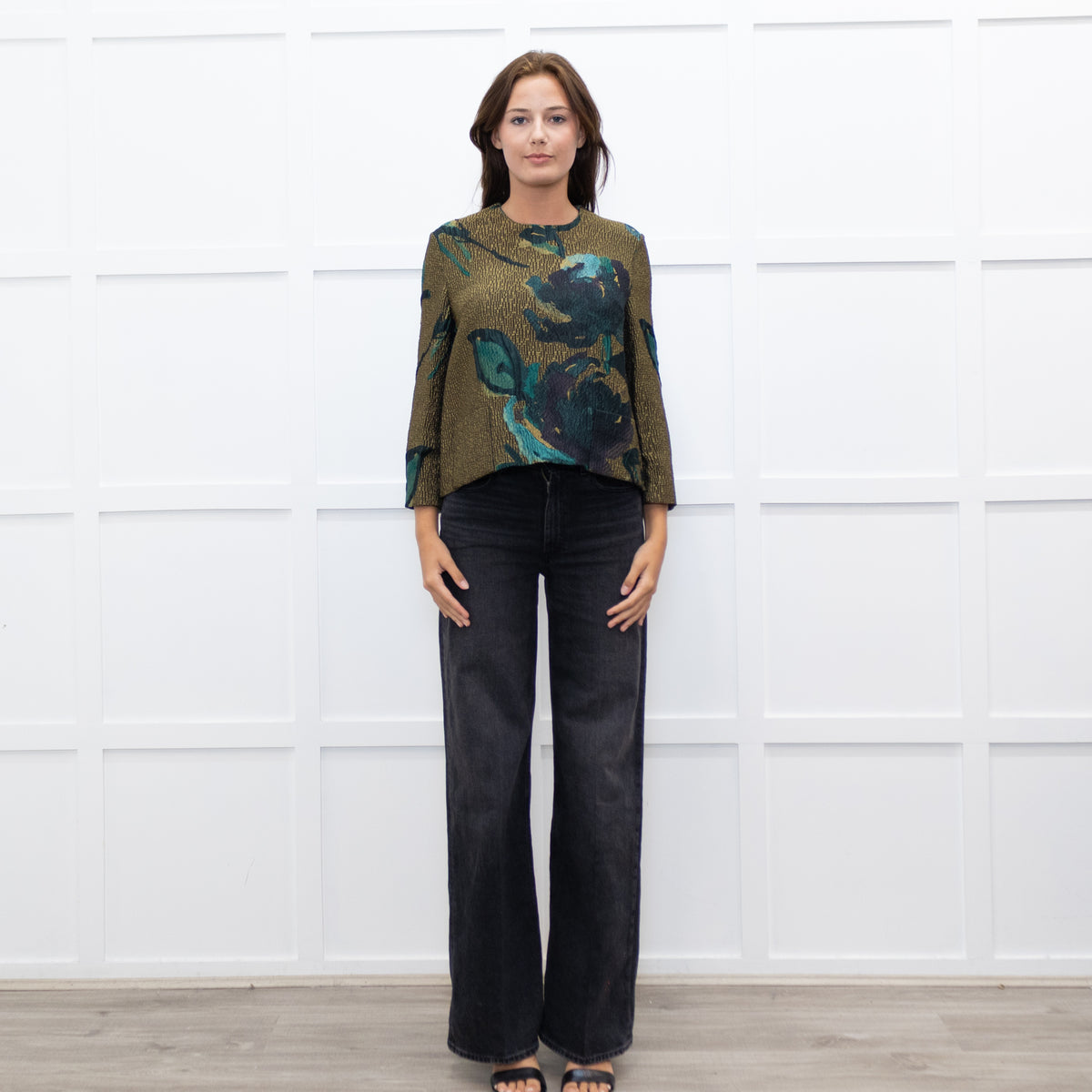 Marni Khaki Blue Floral Textured Front Pocket Top