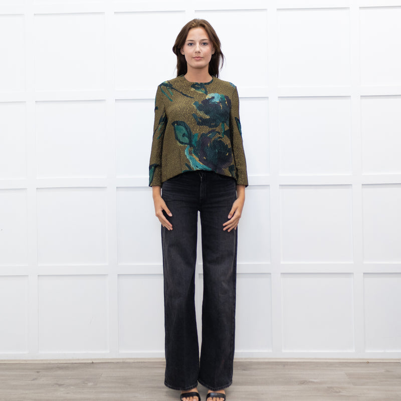 Marni Khaki Blue Floral Textured Front Pocket Top