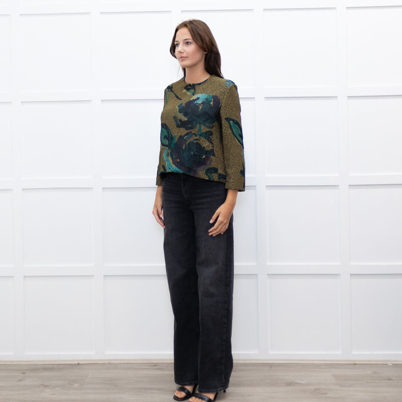 Marni Khaki Blue Floral Textured Front Pocket Top