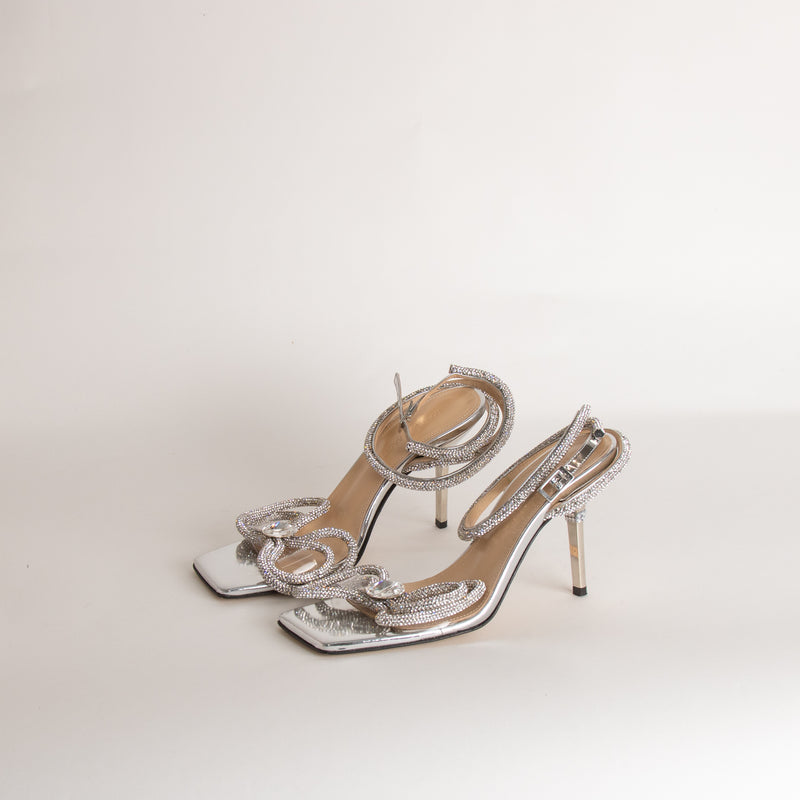 Mach & Mach Silver Double Bow Square Toe Heels