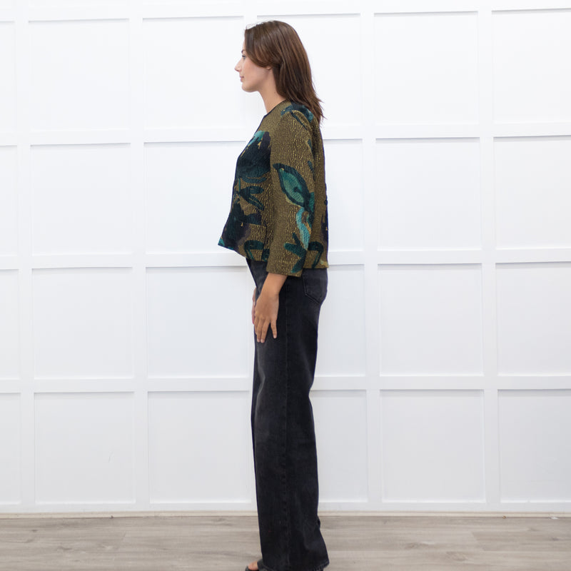 Marni Khaki Blue Floral Textured Front Pocket Top