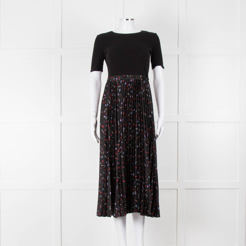 Maje Black Ribbed T-shirt Dress with Pleated Patterned Skirt