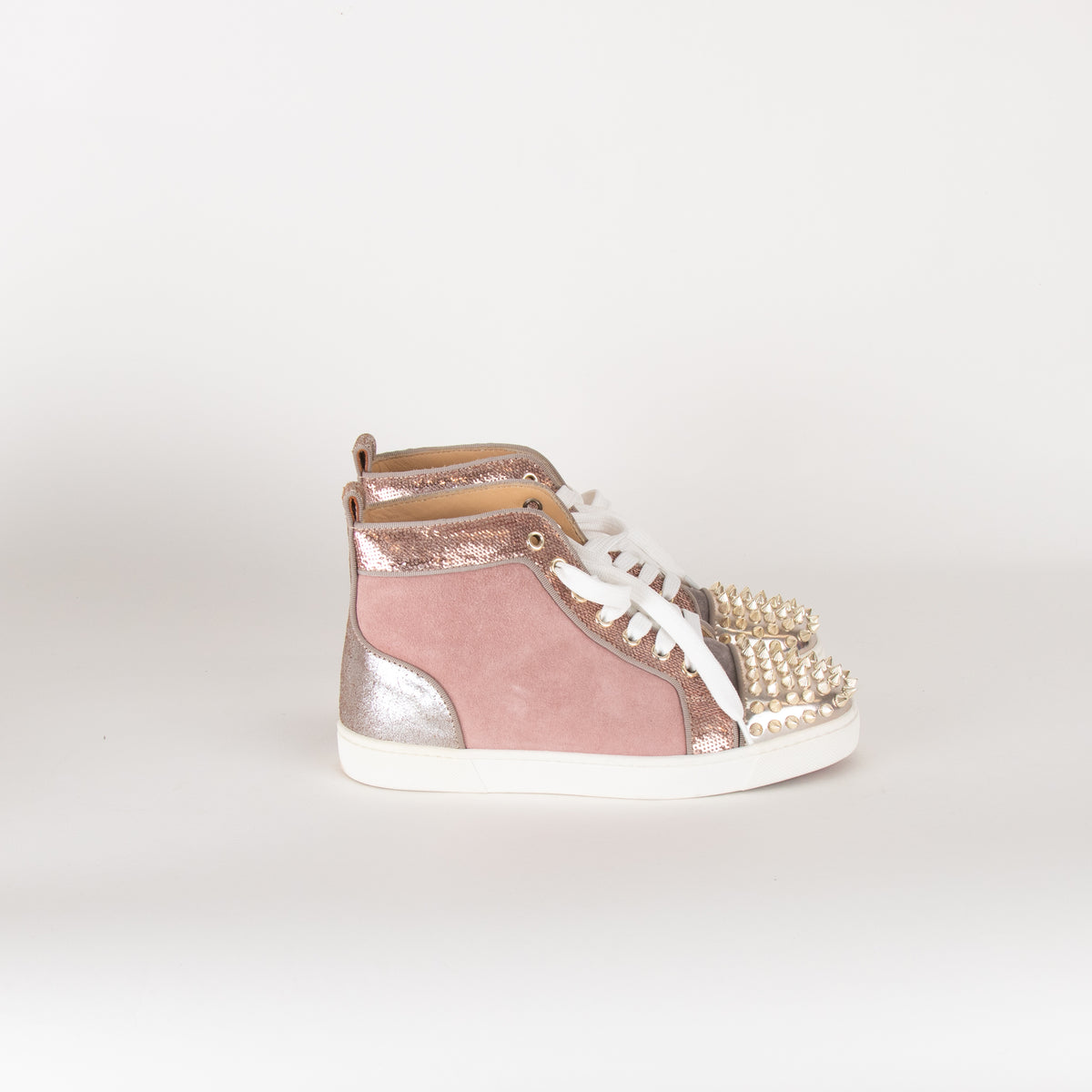 Christian Louboutin Pink Suede Studded Toe High Top Trainers