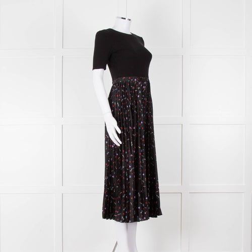 Maje Black Ribbed T-shirt Dress with Pleated Patterned Skirt
