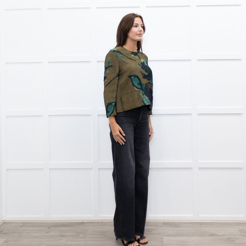 Marni Khaki Blue Floral Textured Front Pocket Top