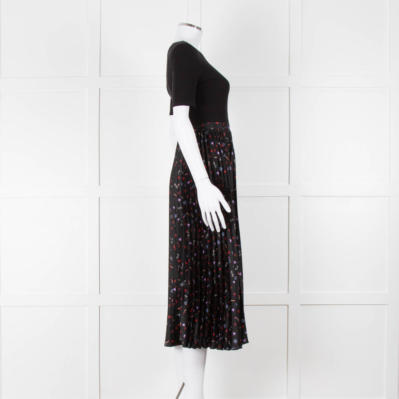 Maje Black Ribbed T-shirt Dress with Pleated Patterned Skirt