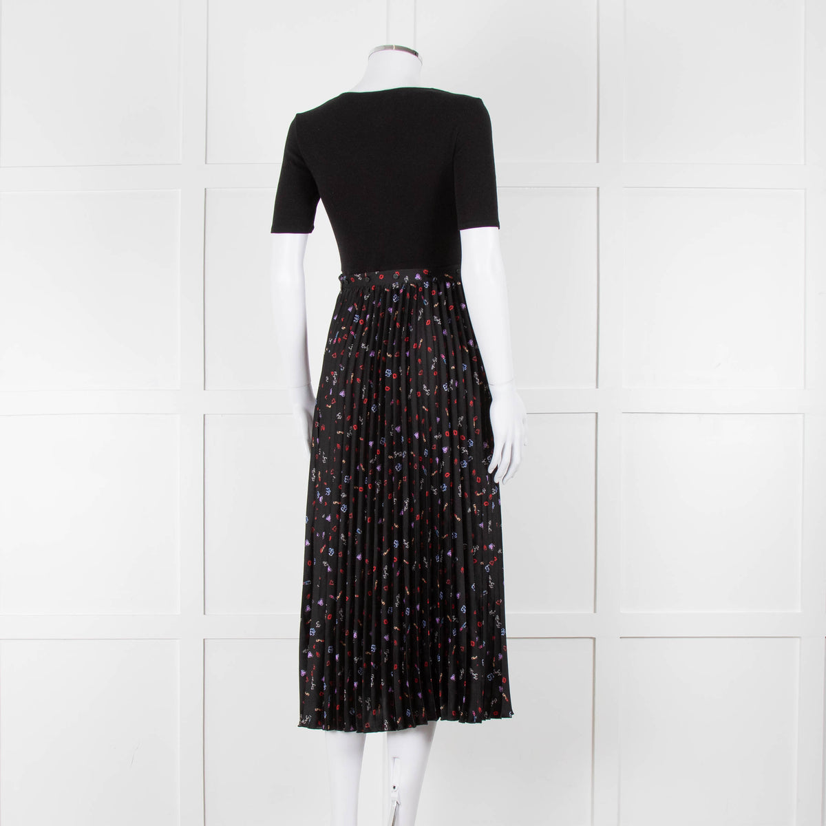 Maje Black Ribbed T-shirt Dress with Pleated Patterned Skirt
