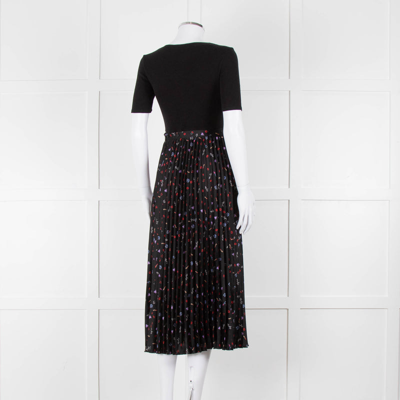 Maje Black Ribbed T-shirt Dress with Pleated Patterned Skirt