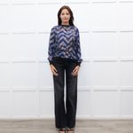 Munthe Blue Cream Floral Silver Lurex Black Knitted Trim Top