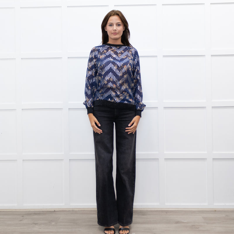 Munthe Blue Cream Floral Silver Lurex Black Knitted Trim Top
