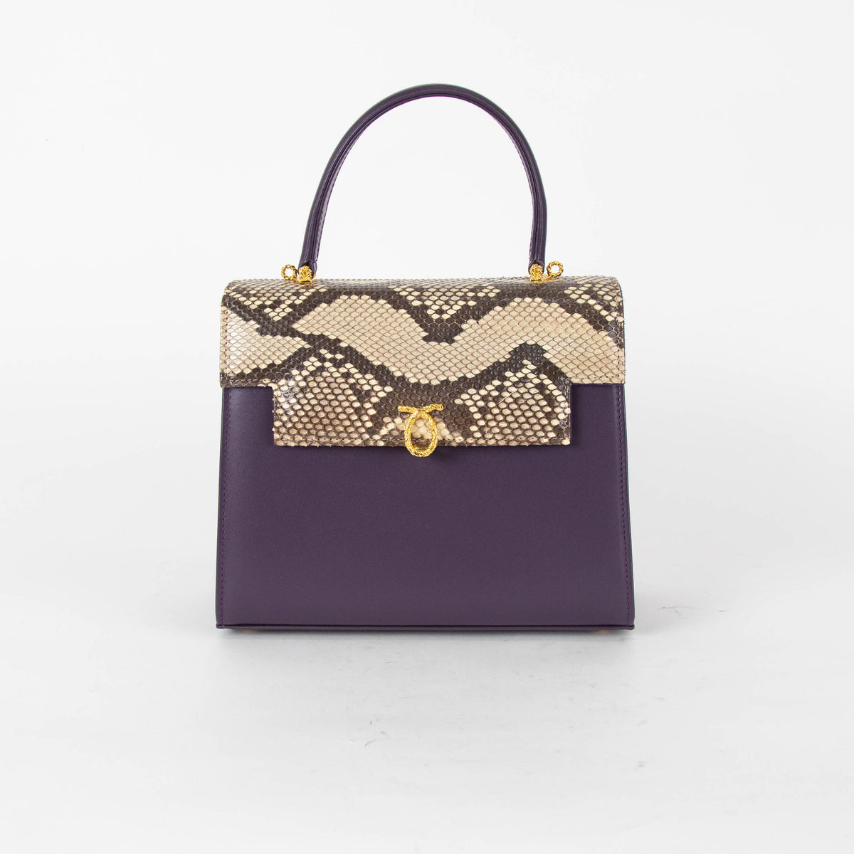 Launer London Purple Leather Brown Snake Skin Top Traviata Bag