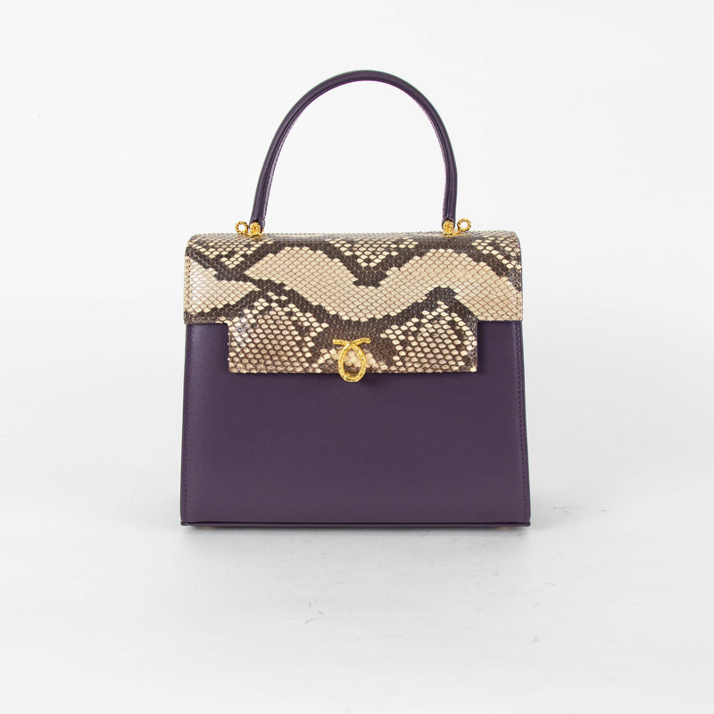 Launer London Purple Leather Brown Snake Skin Top Traviata Bag