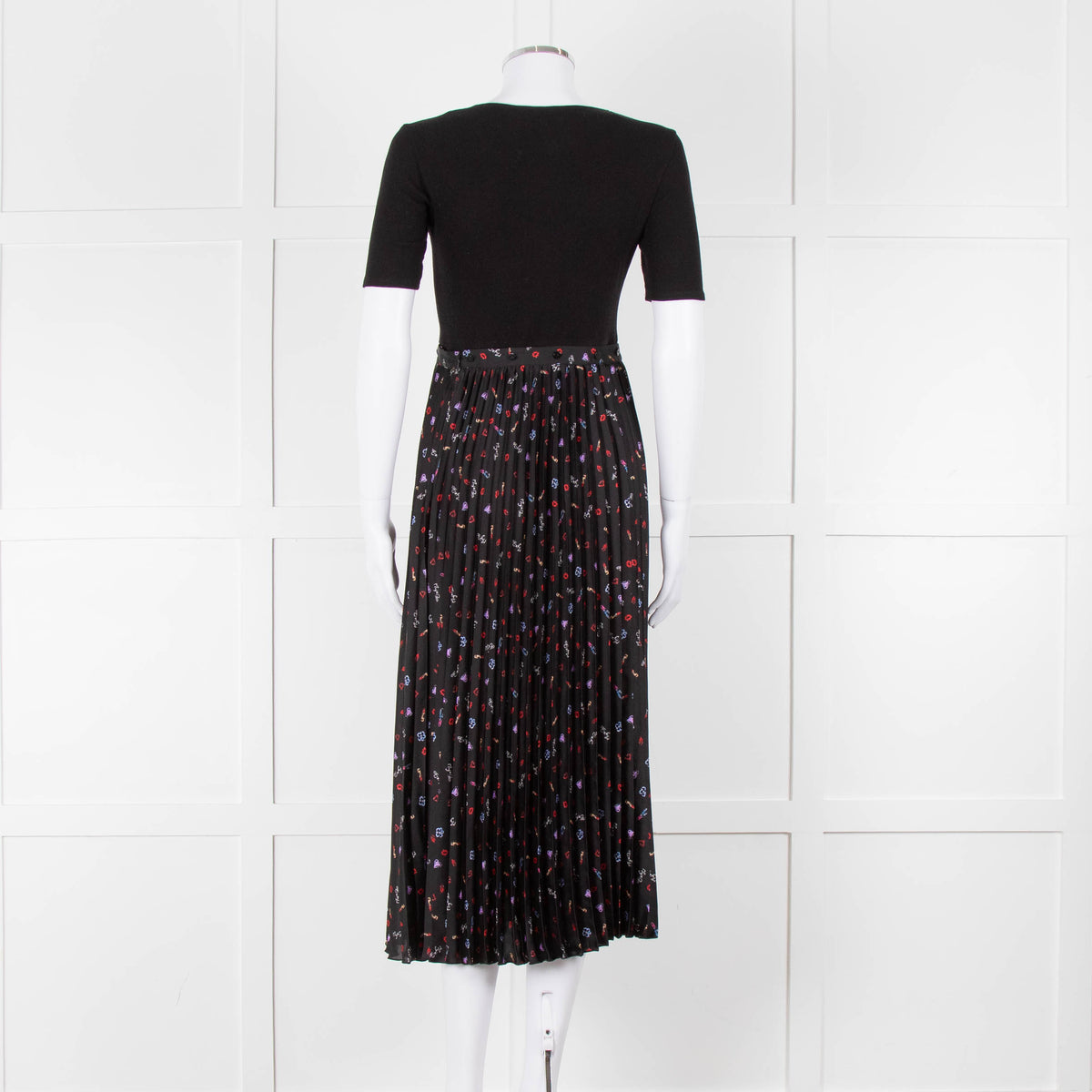 Maje Black Ribbed T-shirt Dress with Pleated Patterned Skirt
