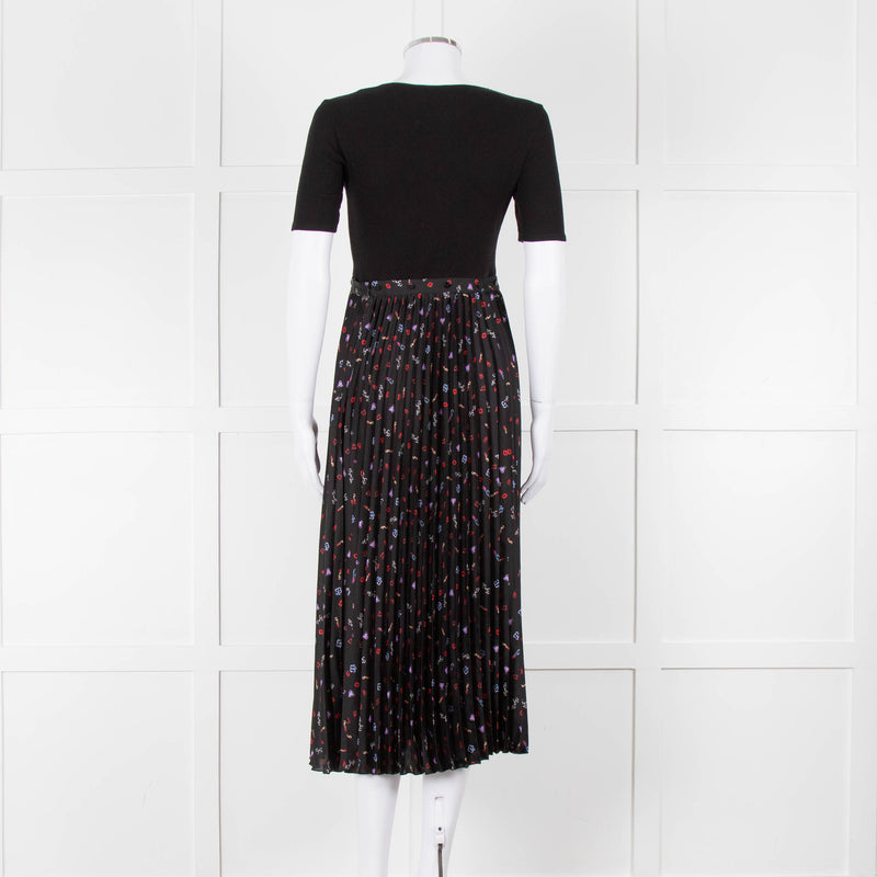 Maje Black Ribbed T-shirt Dress with Pleated Patterned Skirt