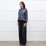 Munthe Blue Cream Floral Silver Lurex Black Knitted Trim Top