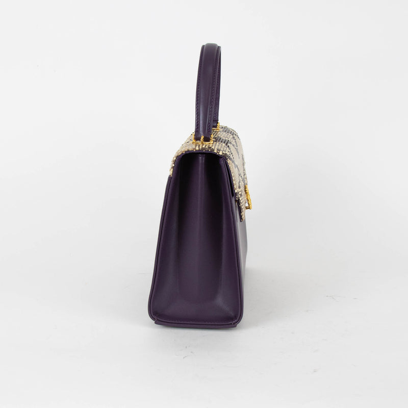 Launer London Purple Leather Brown Snake Skin Top Traviata Bag