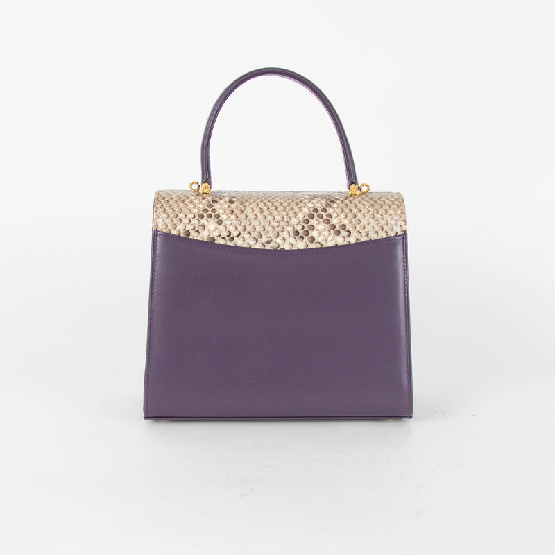 Launer London Purple Leather Brown Snake Skin Top Traviata Bag